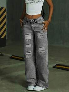 Fashionable Distressed Wide Leg Jeans For Teenage Girls - Grey - View 4