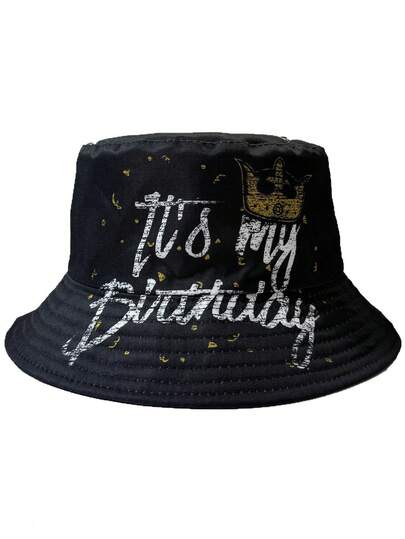 1 件可翻转渔夫帽，印有“This Is My Birthday”字母，生日派对百搭时尚配饰，适合男女秋季装饰