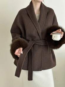 Women's Double-Sided Faux Fur & Wool Blend Coat - Shawl Collar, Tie Waist, Classic Casual, Suitable For Autumn/Winter - Brown - View 5