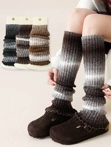 1/2/3/4 双装女士渐变色腿套，加厚针织复古风小腿套，时尚春季保暖蕾丝中筒腿套，秋冬季 - 彩色 - 查看 4