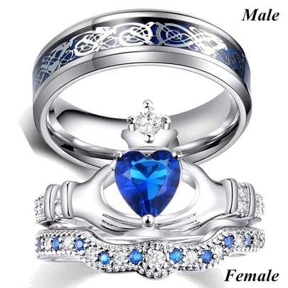 1 Pc  Couple Rings For Lover's Men Stainless Steel Rings Women Blue/White Artificial Zirconia Heart Rings Set Bridal Wedding Engagement Love Gift