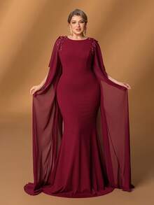 Faeriesty Mosy Plus Classic Round Neck Elegant Cape Sleeve Fish-Tail Plus-Size Mother Of The Bride Dress For Formal Weddings, Grand Galas, Lavish Evening Dinners, Prestigious Proms, And Upscale Red Carpet Events – Flattering Design For Ultimate Confidence In High-End Occasions