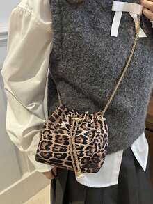 Mini New Fashion PU Leopard Fabric Drawstring Chain Bucket Bag, Women Versatile Shoulder Bag, Fall Winter Fashionable Cheetah Print Purse For Women, New Fall Winter Tiger Print Bag For Women - Multicolor - View 7