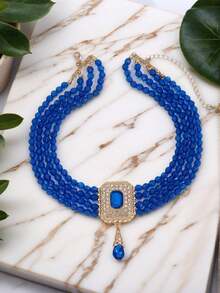 1pc Moroccan Style Gemstone Necklace With Square Button Design, Adjustable Length Ladies Wedding Neck Chain - Neck Chain - View 11