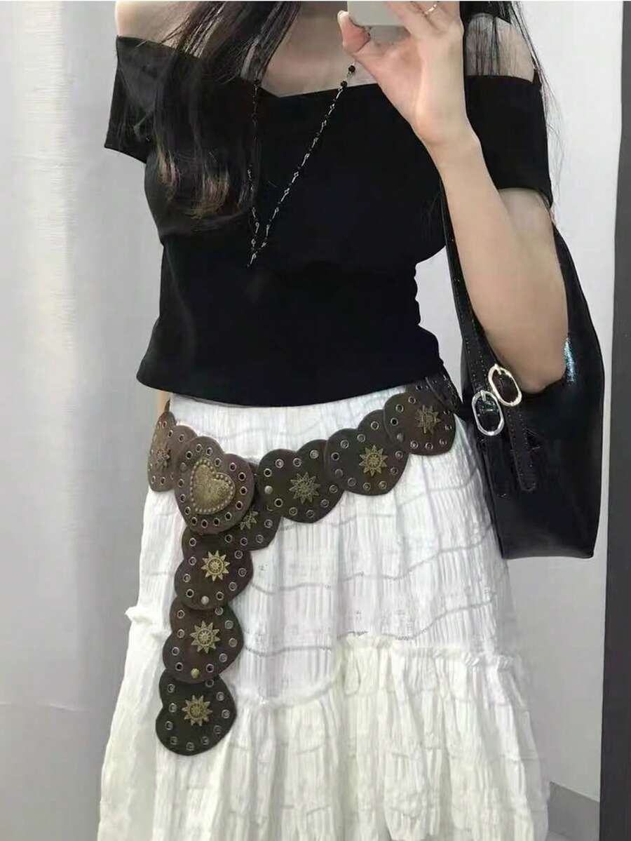 1pc Vintage Style Pattern Bohemian Heart Rivet Decorated Retro Waist Belt, Accessory For Women Daily Wear And Parties Fall, Autumn, Halloween - Brown - View 1