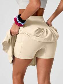 Leorrey 1件装女士无缝休闲舒适纯色高腰防走光甜美百褶网球跑步运动裙夏季 - 杏色 - 查看 4