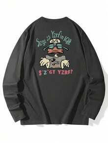 Women's Loose FitLetter & Cartoon Duck Print Long Sleeve T-Shirt, Versatile For Spring & Autumn Casual - Dark Grey - View 6