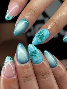 24 uñas postizas con forma de almendra y diseño de flores 3D con degradado azul-verde - Adecuadas para salidas festivas, uñas postizas removibles y reutilizables