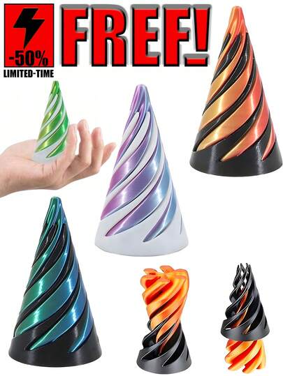 3 szt. wielokolorowych, dwustronnych spiralnych stożków, drukowanych w 3D, uspokajających zabawek, dekompresyjnych, drukowanych w 3D, dwustronnych spiralnych stożków - kolorowa struktura gradientu, 1/2/5/10/20 szt., odpowiednich na prezenty na Halloween i Boże Narodzenie, metalowa struktura z włókna, zabawki sensoryczne, zabawki sensoryczne