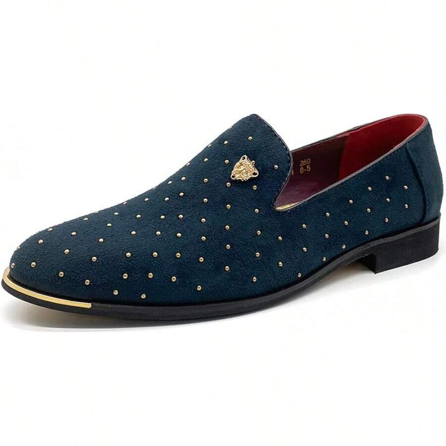 Men's Pointed Toe Rivet Dress Shoes Glitter Modern Metallic Slip On Loafers Plus Size-20256688 - Navy - View 1