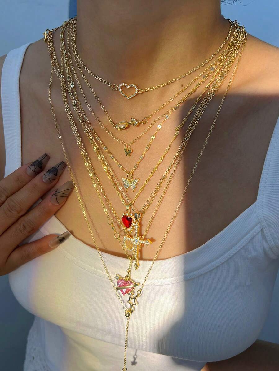 5-8 件复古优雅时尚嘻哈复古硬币水钻十字架蝴蝶玫瑰星心流苏长项链套装，个性化夸张独特多件分层 Y 型项链、颈链、毛衣链，适合女性、度假、派对、宴会、约会、礼物、日常穿着、四季百搭珠宝 - 彩色 - 查看 1