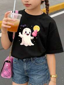 Cartoon Ghost Halloween Cotton Graphic T-Shirt, Black Casual Halloween Shirts With Bat, Moon, Ice Cream, And Stars, Girls/Boys Fall Clothes, Round Neck Short Sleeve T-Shirt, Cute And Funny Holiday Style Gifts For Halloween,Kids Clothes Boys&Girls - Black - View 2