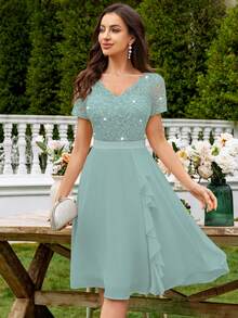 MIUSOL Vestido de gala de gasa con cuello en V, encaje con lentejuelas y volantes, elegante vestido de fiesta para mujeres, adecuado para fiestas formales, vacaciones, ceremonias de graduación y otras ocasiones - Azul menta - Ver 7