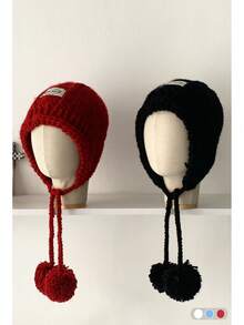 1 件马海毛面料小标志绒球针织护耳帽，适合女士，秋冬，厚实保暖的捕兽帽，可爱百搭