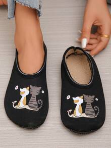 Women's Comfortable & Warm Cartoon Cat Print Indoor Slippers, Suitable For Indoor Floor, Sofa, Leisure And Sports Wear