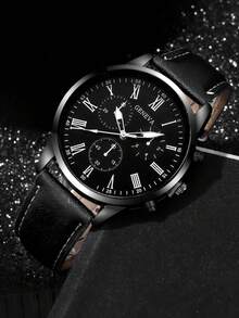 5PCS Simple Casual Quartz Watch For Boys, Round Dial With Roman Dial, PU Strap, With Bracelet Set, Is The Best Gift For Boys, Suitable For Birthdays, Festivals And Couple Gifting