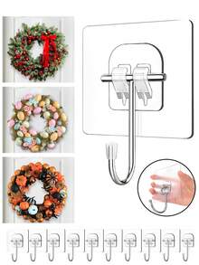 Large Wreath Hanger Hook, Suitable For Halloween, Christmas, Easter, Valentine's Day Wreath Decoration, Front Door Welcome Sign, Heavy Duty Adhesive Wall Hook, High Load-Bearing, Door Hanging Storage Rack - Transparent - View 2