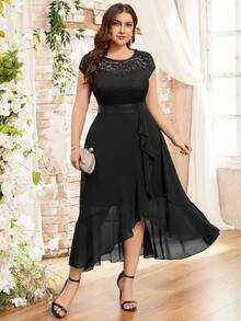 MIUSOL Women Plus Size Elegant Lace Bodice Ruffle Asymmetrical Hem Dress, Flowy Chiffon Midi Gown For Wedding Guest, Birthday Party, Homecoming, Church - màu đen - Xem 4