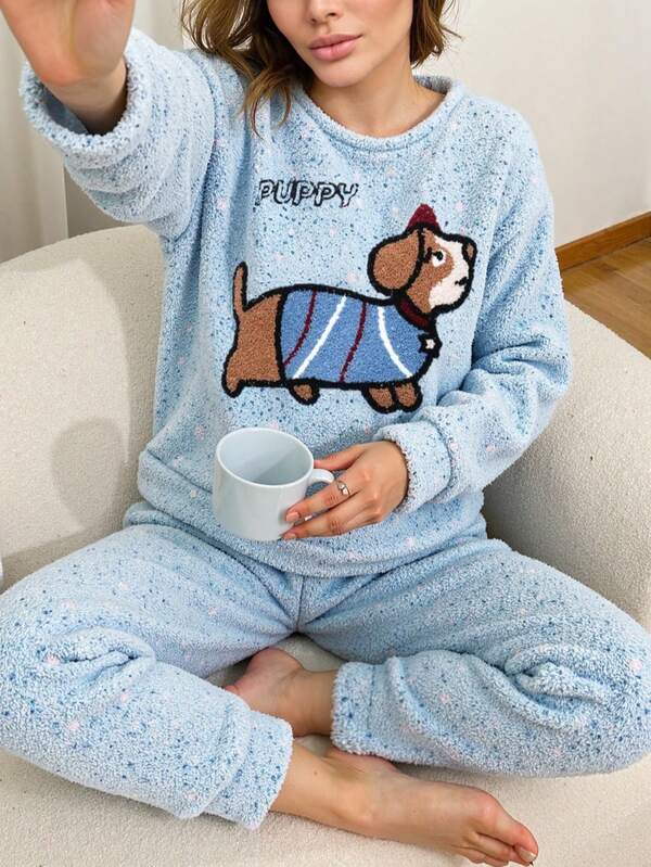 Women's Warm Fleece Fluffy Pajama Set, Cute Cartoon Animal Pattern Sleepwear Set, Winter, Fall Clothes