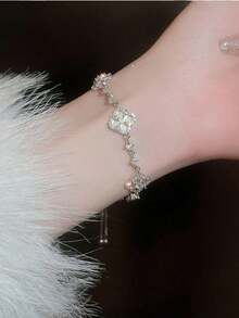 1pc Zirconia 4-Petal Flower Bracelet Women, Adjustable, Lightweight Luxury Elegant Style Accessory - Bạc - Xem 2