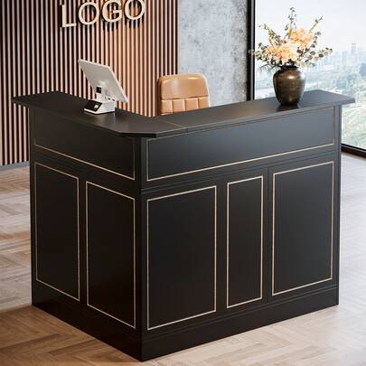Tribesigns Reception Desk With Storage Shelves, L-Shaped Modern Front Desk, Reception Counter Table For Small Office, Salon (Black)