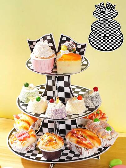 1pc Round Race Car Cardboard Cupcake Stand 3 Tier Cake Holder Black And White Checkered Dessert Display Stand For Car Theme Party Birthday Party Decoration Christmas Decor.