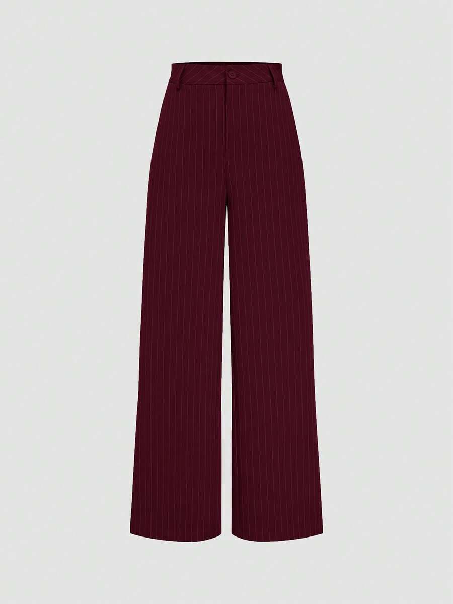 欧美时尚女式休闲条纹高腰阔腿直筒裤 春季款 - 酒紅色 - 查看 1