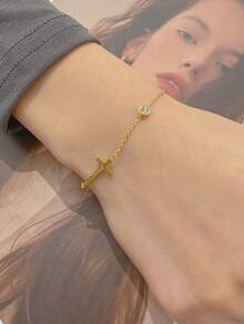 XUJIA 1pc 925 Sterling Silver 4mm (0.3 Carat) Round Cut Moissanite Bracelet, Classic Cross Design Bracelet, Women's Daily/Birthday/Anniversary Jewelry Gift