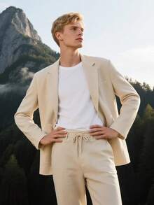 Men's Linen Suits 2 Piece Casual Regular Fit Linen Blazer Jacket And Pants For Summer Beach Weddinghalloween - 黑色 - 查看 2