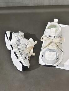 时尚银色双层网眼儿童透气运动鞋，男女款轻便休闲运动鞋，防滑秋冬 - 銀色 - 查看 3