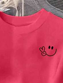 Camiseta estampada mujer cuello redondo y mangas cortas, uso casual diario tshirts para mujeres carita feliz happy face - Rosa - Ver 4