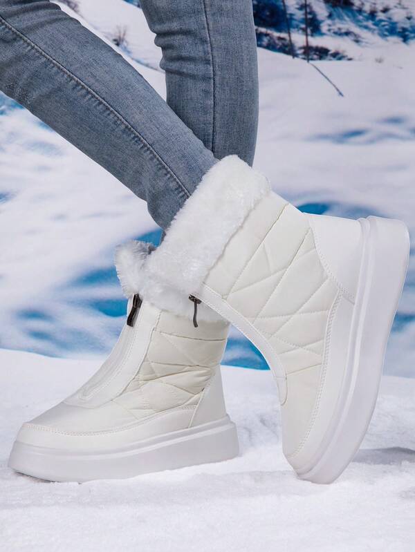 بوت رياضية كاجوال للنساء للخارج، بوت عالية الكاحل بتصميم لوحات متناسقة، بوت ثلج دافئة مزودة بسحاب، بوت شتوية متوسطة الطول