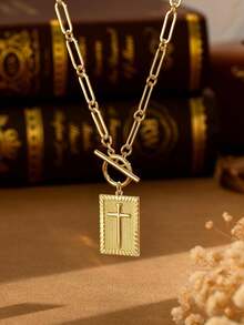 Gold/Sliver Cross Pendant Necklace For Women Chunky Cross Necklace Toggle Clasp Paperclip Chain Dainty Charm Necklace For Women Fashion Religious Simple Jewelry Gift - Square Cross - View 4