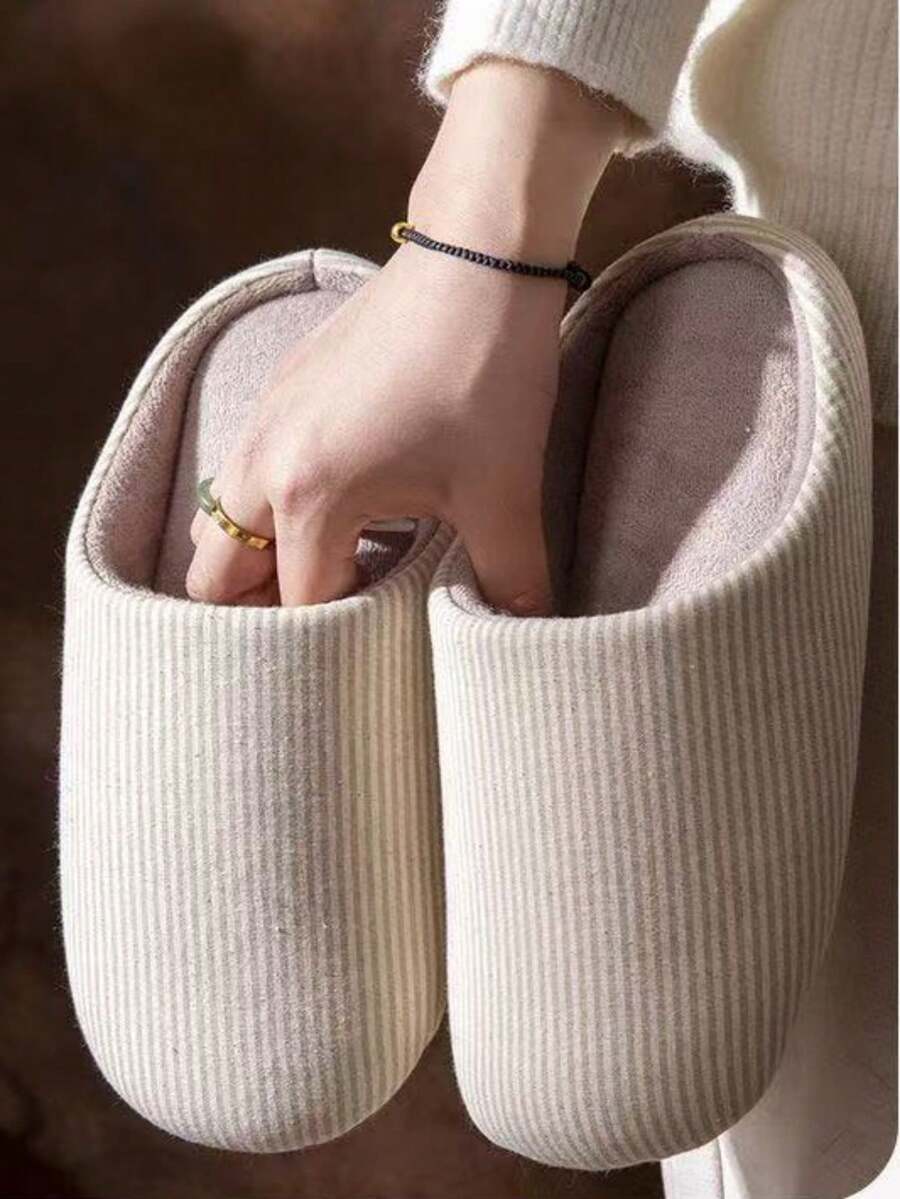 1 双简约室内软底轻便男士拖鞋，情侣保暖拖鞋，防滑静音卧室拖鞋，春秋冬 - 米色 - 查看 1