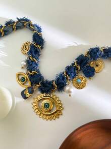 1 件奢华绳结不锈钢眼、心、蝴蝶多吊坠 DIY 手工编织项链，适合女性宴会、派对、聚会、日常穿着、节日礼物 - 金色 - 查看 8