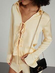 Se-Hore Women's Fashion Solid Color Satin Texture Tie Decor Casual Long Sleeve Cardigan - Light Yellow - View 2