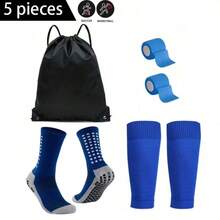 5pcs/Set Football Gear Set, Including Waterproof Drawstring Bag, Anti-Slip Football Socks, Leg Sleeves, Self-Adhesive Sports Bandage, High Leg Sleeves For Youth Sports Training