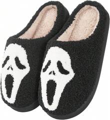 Halloween Slippers Women Men Indoor House Bedroom Skeleton Goth Cute Home Skeleton Horror Black Fun Slip Shoes - 白鬼 - 查看 1