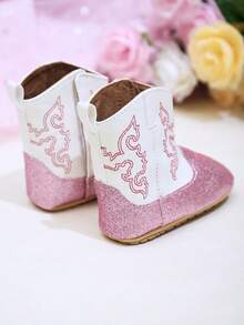 Yibubu Pink Baby Shoes Western Boots Infant Boots Vintage Embroidered Pattern Flat Shoes High-Top Non-Slip First Walking Shoes Outdoor Sports Boots For Infants And Toddlers Spring/Autumn - 粉色 - 查看 3