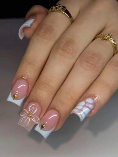 10pcs Y2K Style Nude Pink Ground Color And Light Blue French Transparent 3D Flower Press On Nails - Pure Manual Light Blue Lattice Square Nails - Take Nude Pink As The Main Color, Match Light Blue French, Little Star Decoration, Three-Dimensional Transparent Flowers With Golden Stamen False Nails - Fresh And Sweet, Necessary Nails In Summer And Autumn - Suitable For Daily Use, Campus, Party Use, Is The Best Gift For Women And Girls