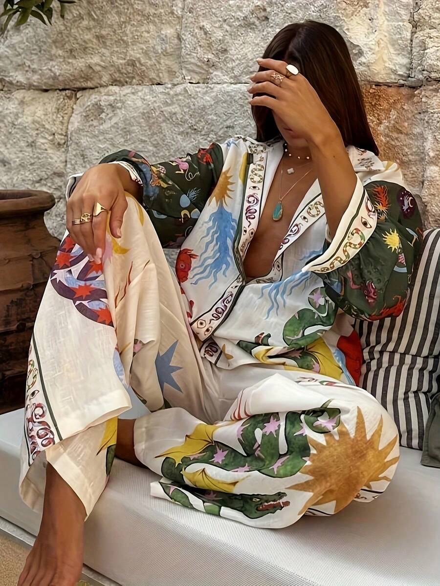 Boho Artisan Print Co-Ord Set: Long Sleeve Button-Up Shirt & Lounge Pants With Sun, Star And Serpent Motifs For Resort Vacations, Artistic Retreats And Relaxed Style For Women. - 混合色 - 查看 1