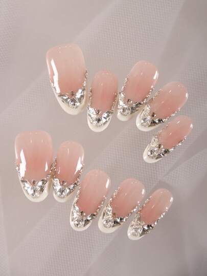 XEERCOOU 10pcs Press On Nails Fake Nails French Style Heavy Industry Flash Diamond Gong Tingfeng White Office DailyWear False Nails Artificial Nails Kit Includes 1sheet Adhesive Tabs &1 Pc Mini File