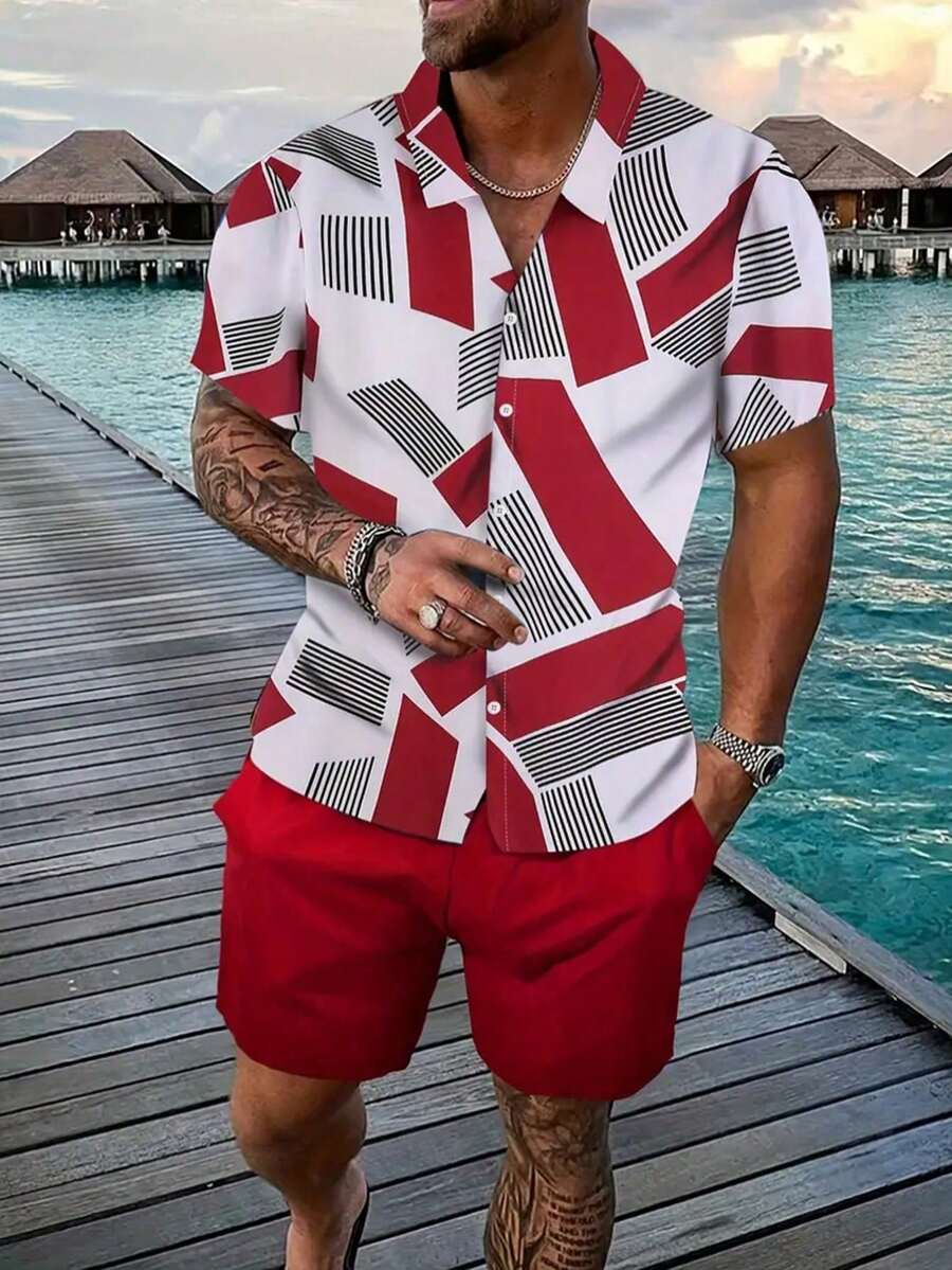 Conjunto de dos piezas para hombre compuesto por una camisa de manga corta con estampado geométrico de inspiración hawaiana y unos pantalones cortos con cordón. Confeccionado en tejido de poliéster ligero y transpirable, es la elección perfecta para las vacaciones en la playa y las salidas al mar. Un regalo ideal para tu novio o marido. - Rojo - Ver 1