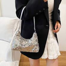 Women Shiny Sequins Handbag Fashion Tote Shoulder Bag For Work Daily Shopping Travel - Silver - View 3
