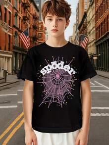 Boy's 2025 Halloween Spider Retro Graphic T-Shirt, Black Hip-Pop Shirts With Web Pattern, Girls/Boys Fall Clothes, Suitable For Halloween Party Shirts & Daily Outdoor, Fashion, Vintage, Funny Kids Halloween Clothes - màu đen - Xem 2