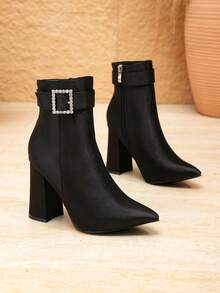 Women's New Black Ankle Boots, Autumn/Winter Fashion Pointed Toe Chunky Heel Rhinestone Square Buckle Commuter Fashion Boots - Black - View 5