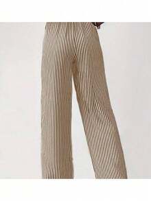 Wide Leg Striped Elastic Palazzo Pants With Pockets - Coffee Brown - View 3