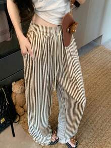 Wide Leg Striped Elastic Palazzo Pants With Pockets - Óxido marrón - Ver 2