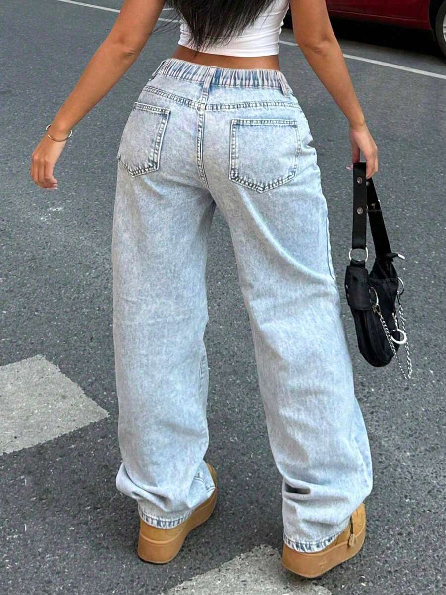 Jeans casuales y versátiles de cintura baja y pierna recta para adolescentes - Azul - Ver 1