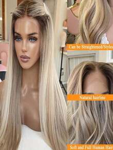 Ombre Brown Roots Ash Blonde Put On And Go 13x4 HD Transparent Straight Lace Front Wigs Human Hair Pre Plucked Bleached Knots 180 Density Lace Frontal Wigs For Women Silky Straight Glueless Wigs Human Hair With Baby Hair For Beginner - 根染&漸變色 - 查看 3